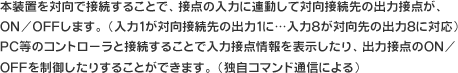 本装置を対向で接続することで、接点の入力に連動して対向接続先の出力接点が、